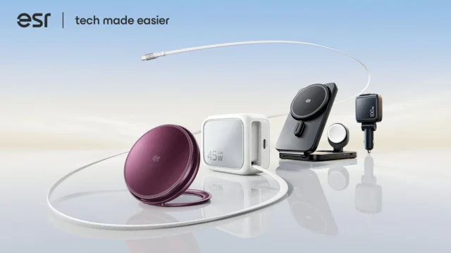 Nabíječky ESR Cyclone 25W, Xtend 45W, skládací stanice 3 v 1 a autonabíječka Xtend 100W na světlém pozadí