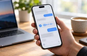 Gemini, ChatGPT nebo Claude na iPhonu: jak se liší v češtině a se Siri iPhone v ruce s rozostřeným rozhraním chatu a zvukovou vlnou hlasového režimu