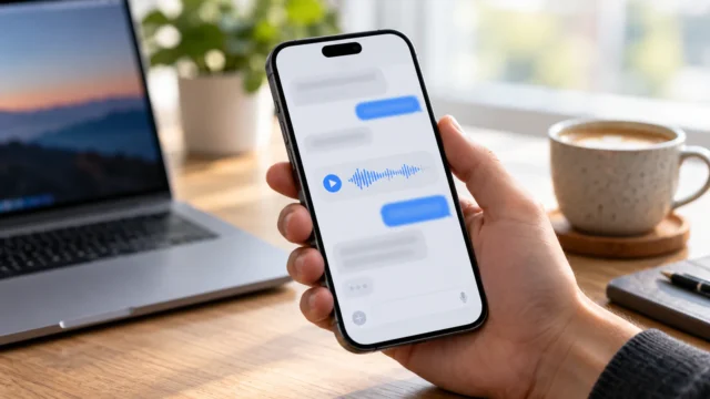 iPhone v ruce s rozostřeným rozhraním chatu a zvukovou vlnou hlasového režimu