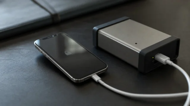 Zamčený iPhone připojený kabelem k forenznímu zařízení na stole