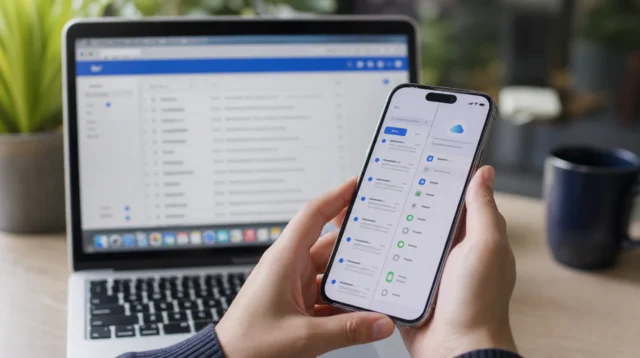 iPhone s aplikací Mail a nastavením iCloud Mailu vedle notebooku iPhone s aplikací Mail a nastavením iCloud Mailu vedle notebooku