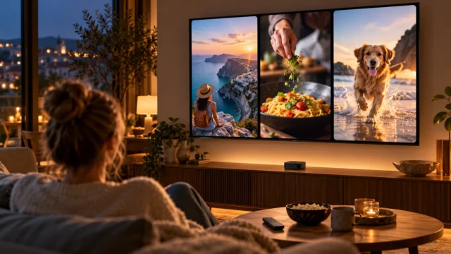 Televize se svislým videem a krabička Apple TV v obývacím pokoji