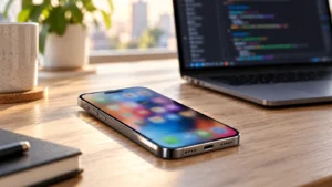 iPhone s rozostřenou plochou na stole vedle notebooku vývojáře