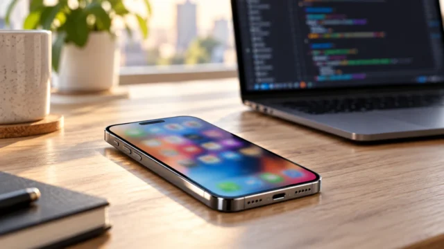 iPhone s rozostřenou plochou na stole vedle notebooku vývojáře iPhone s rozostřenou plochou na stole vedle notebooku vývojáře
