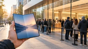 Zákazníci čekají před prodejnou Applu na první skládací iPhone Duo