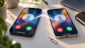 Dva iPhony vedle sebe na stole se stejným příchozím hovorem na displeji