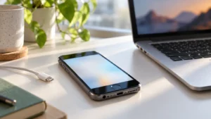 Starší iPhone na stole vedle kabelu a notebooku připravený k vymazání