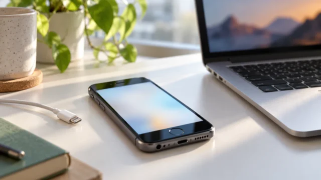 Starší iPhone na stole vedle kabelu a notebooku připravený k vymazání
