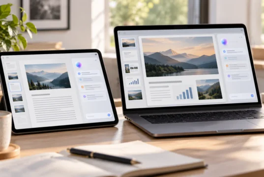 Apple přidá AI asistenta do Pages, Keynotu a Numbers: česky zatím neumí iPad s aplikací Pages a bočním panelem AI asistenta vedle MacBooku s prezentací v Keynotu