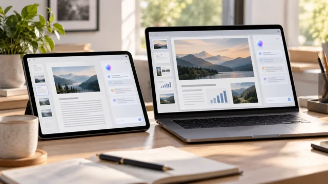 iPad s aplikací Pages a bočním panelem AI asistenta vedle MacBooku s prezentací v Keynotu