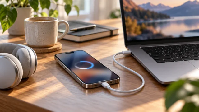 iPhone připojený kabelem k notebooku během zálohování iPhone připojený kabelem k notebooku během zálohování