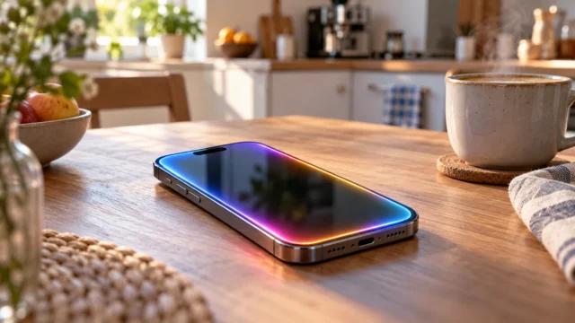iPhone s rozsvícenou Siri na stole v domácnosti