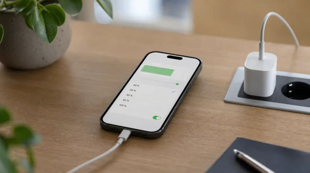iPhone připojený kabelem k nabíječce s nastaveným limitem nabíjení 80 procent
