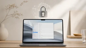 MacBook s otevřeným nastavením Soukromí a zabezpečení a symbolem zámku