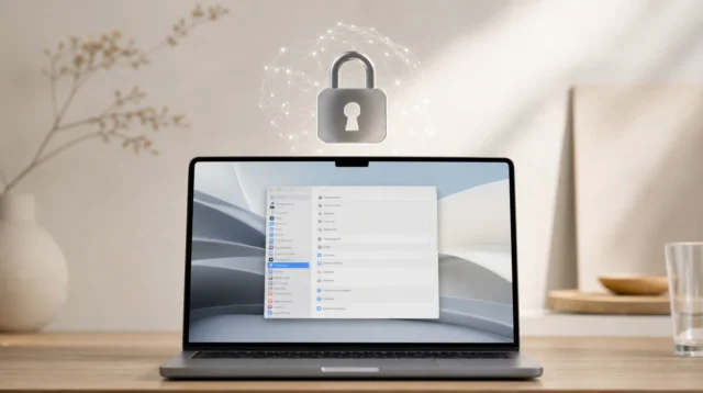MacBook s otevřeným nastavením Soukromí a zabezpečení a symbolem zámku