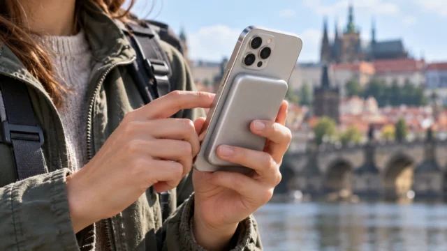 iPhone s magnetickou powerbankou přichycenou na zadní straně iPhone s magnetickou powerbankou přichycenou na zadní straně