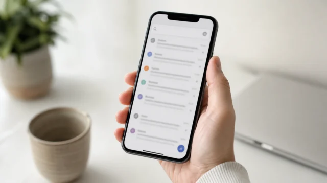 iPhone s otevřenou aplikací Mail a vyhledáváním v doručené poště