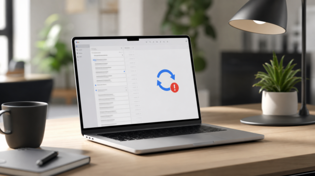 MacBook s otevřenou aplikací Mail a upozorněním na chybu synchronizace