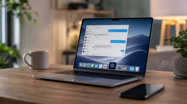 MacBook se Zprávami na displeji jako symbol oprávnění AI appek na Macu MacBook se Zprávami na displeji jako symbol oprávnění AI appek na Macu