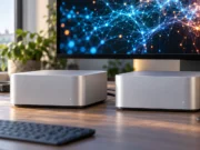 Meta vydala Muse Spark Open: bez cloudu běží na několika Macích Studio Dva Macy Studio propojené kabelem na stole s monitorem zobrazujícím vizualizaci AI modelu