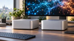 Dva Macy Studio propojené kabelem na stole s monitorem zobrazujícím vizualizaci AI modelu