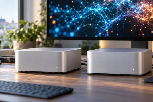 Meta vydala Muse Spark Open: bez cloudu běží na několika Macích Studio Dva Macy Studio propojené kabelem na stole s monitorem zobrazujícím vizualizaci AI modelu