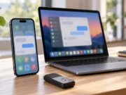 Které AI aplikace se vyplatí na iPhonu a Macu a kolik stojí iPhone a MacBook na stole s rozostřenými ikonami aplikací a rozhraním chatu