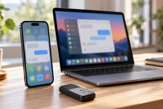 Které AI aplikace se vyplatí na iPhonu a Macu a kolik stojí iPhone a MacBook na stole s rozostřenými ikonami aplikací a rozhraním chatu