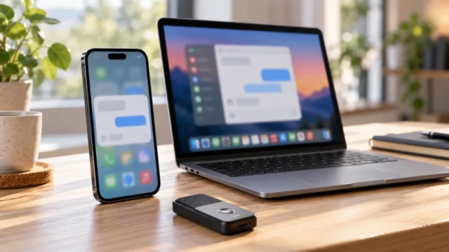 iPhone a MacBook na stole s rozostřenými ikonami aplikací a rozhraním chatu iPhone a MacBook na stole s rozostřenými ikonami aplikací a rozhraním chatu