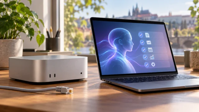 Malý stolní počítač a notebook s rozhraním AI asistenta na pracovním stole
