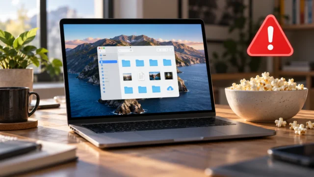 MacBook s otevřeným Finderem a miska popcornu vedle něj