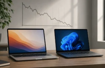 Trh s počítači se propadl o pětinu, Macy jen o 7 až 11 %. Apple tím posílil MacBook Air vedle notebooku s Windows a klesající graf dodávek počítačů