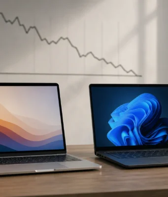 Trh s počítači se propadl o pětinu, Macy jen o 7 až 11 %. Apple tím posílil MacBook Air vedle notebooku s Windows a klesající graf dodávek počítačů