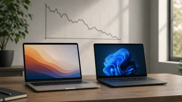 MacBook Air vedle notebooku s Windows a klesající graf dodávek počítačů