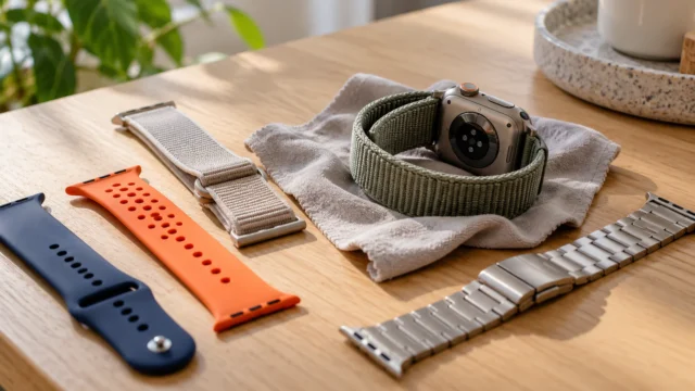 Barevné řemínky k Apple Watch rozložené na stole vedle hodinek