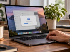 Jak restartovat Mac, vynutit ukončení aplikace a co dělat, když zamrzne Otevřený notebook Mac na stole s dialogovým oknem na displeji a rukou u klávesnice