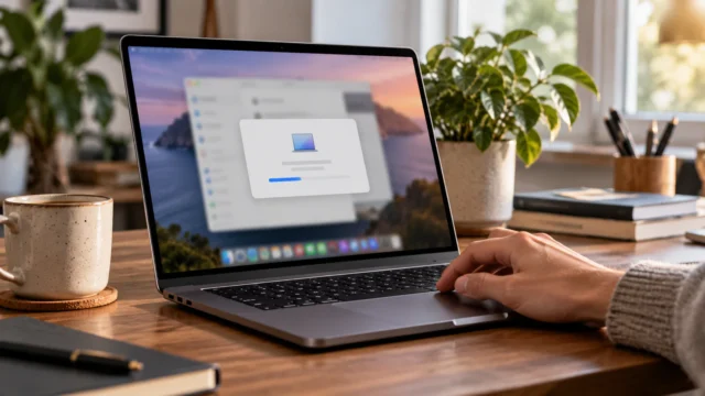 Otevřený notebook Mac na stole s dialogovým oknem na displeji a rukou u klávesnice