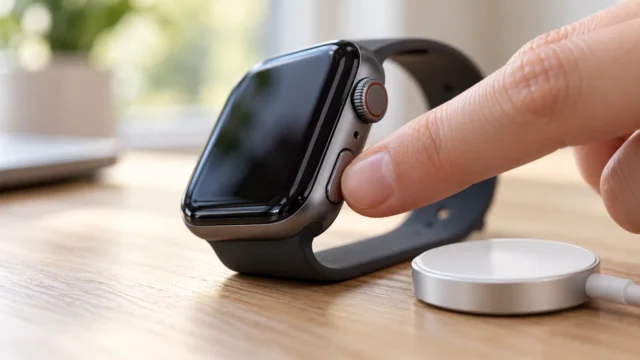 Prst na postranním tlačítku Apple Watch ležících na stole vedle nabíječky