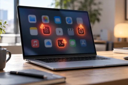 Rosetta na Macu končí s macOS 28: jak najít aplikace, které ji potřebují MacBook Pro s rozostřeným seznamem aplikací, z nichž některé jsou zvýrazněné