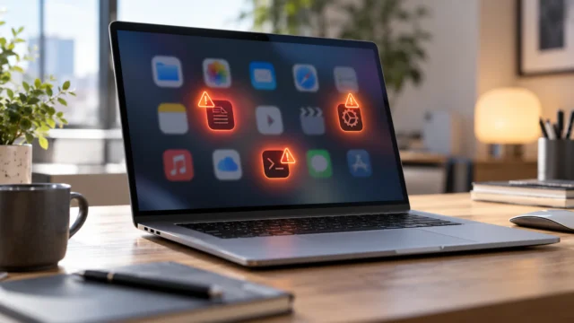 MacBook Pro s rozostřeným seznamem aplikací, z nichž některé jsou zvýrazněné MacBook Pro s rozostřeným seznamem aplikací, z nichž některé jsou zvýrazněné