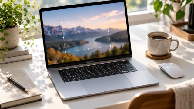 Notebook na pracovním stole s výběrovým rámečkem přes část obrazovky Notebook na pracovním stole s výběrovým rámečkem přes část obrazovky
