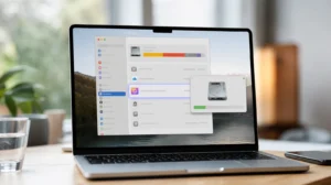 MacBook s přehledem úložiště, ve kterém zabírá místo Apple Intelligence