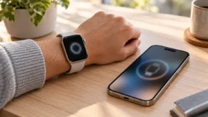 Apple Watch na zápěstí vedle nového iPhonu při párování