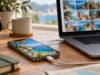 Jak stáhnout fotky z iPhonu do počítače s Windows i do Macu iPhone připojený kabelem k notebooku s mřížkou fotek na displeji