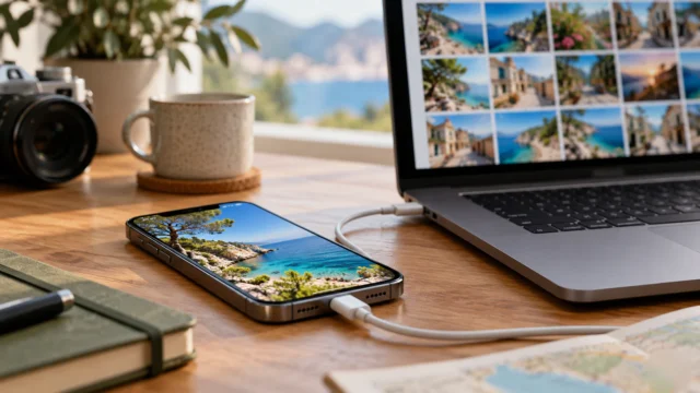 iPhone připojený kabelem k notebooku s mřížkou fotek na displeji