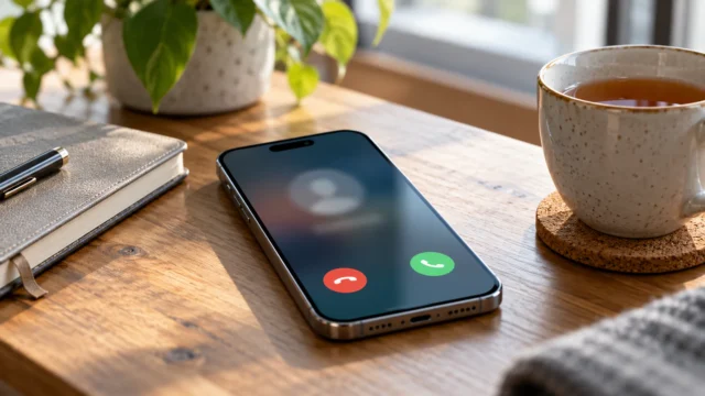 iPhone na stole s rozostřenou obrazovkou příchozího hovoru