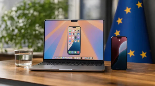 MacBook s oknem zrcadleného iPhonu a iPhone ležící vedle na stole